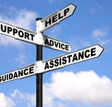 Road sign with words "Help," "Support," "Advice," and more.